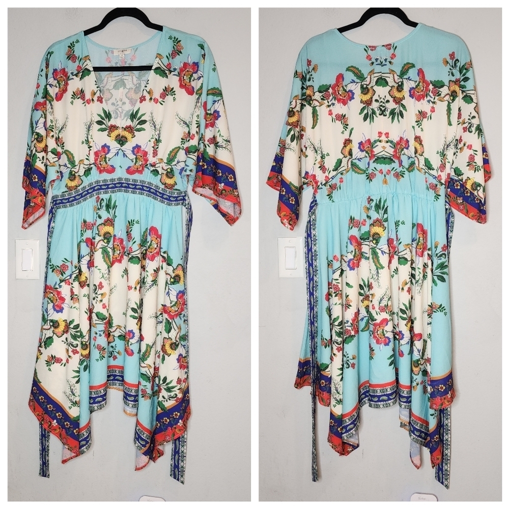 Umgee Kimono Sleeve Hankerchief Hem Blue Printed Boho Dress Stretch Waist Medium - Picture 3 of 13